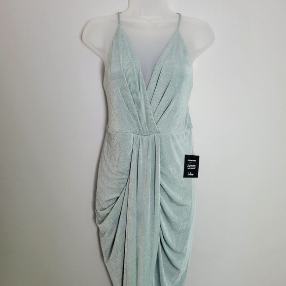 NWT Lulus Size L Slate Blue Surplice Midi Dress - Picture 5 of 7